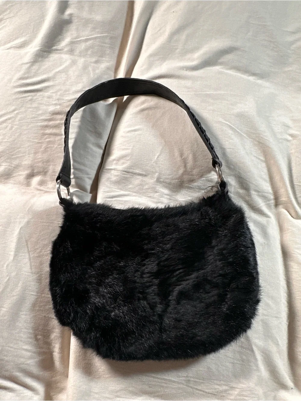 Express Black Genuine Rabbit Fur Small Retro Chic Boho Purse Handbag Y2K Grunge
